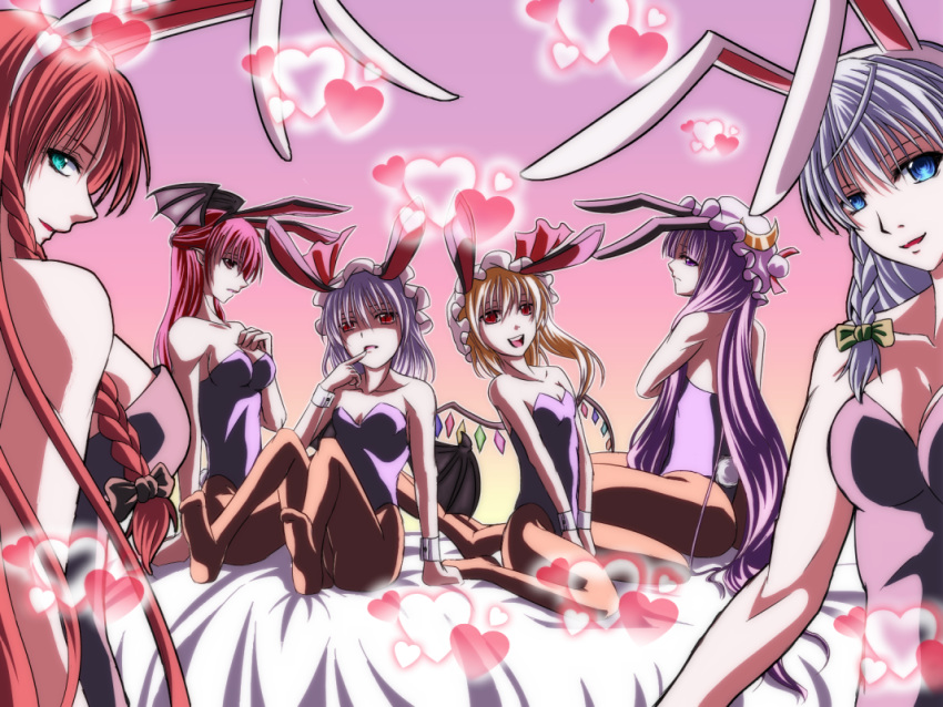 animal_ears aqua_eyes ass bed black_wings blonde_hair blue_eyes bow braid breasts brown_legwear bunny_ears bunny_tail bunnysuit cleavage crescent feet flandre_scarlet from_behind gem hair_bow hat head_wings heart hong_meiling izayoi_sakuya koakuma long_hair multiple_girls pandora_(angelfeather-heart) pantyhose patchouli_knowledge purple_eyes purple_hair red_eyes red_hair redhead remilia_scarlet silver_hair slit_pupils tail the_embodiment_of_scarlet_devil touhou v_arms violet_eyes wings