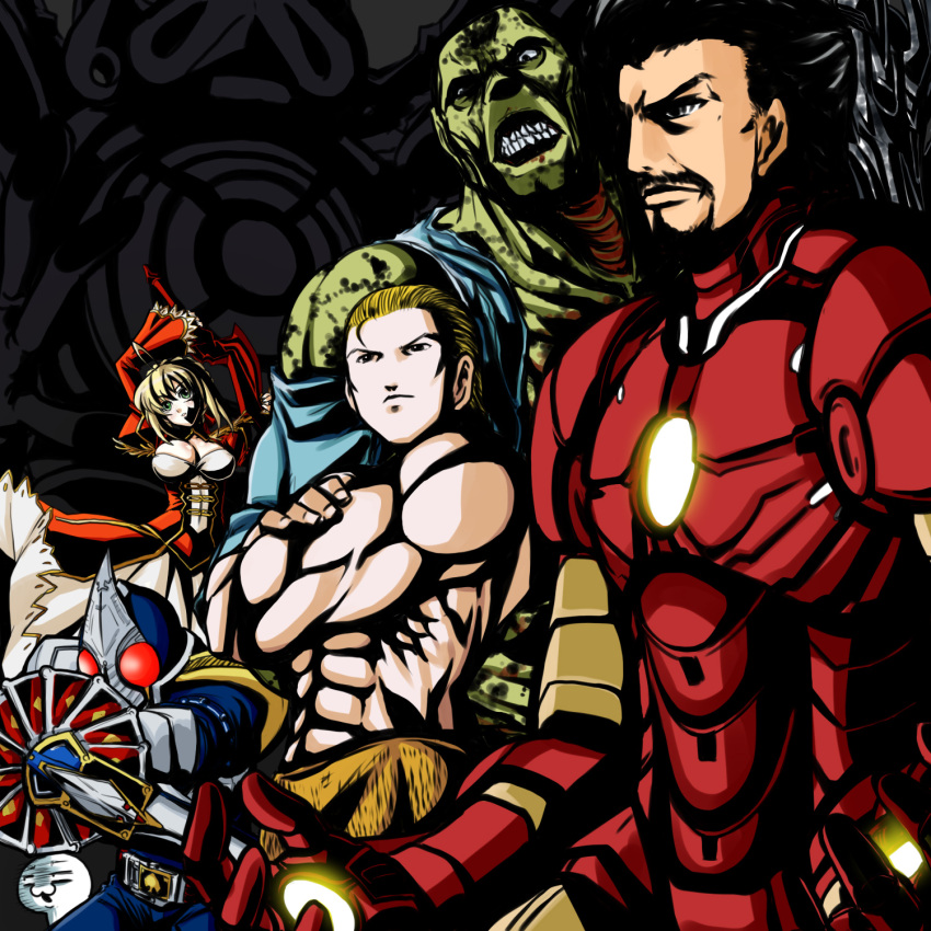 fallout fallout_3 fate/extra fate/stay_night fate_(series) fawkes gorakujin highres iron_man kamen_rider kamen_rider_blade kamen_rider_blade_(series) marvel saber_extra super_mutant tony_stark