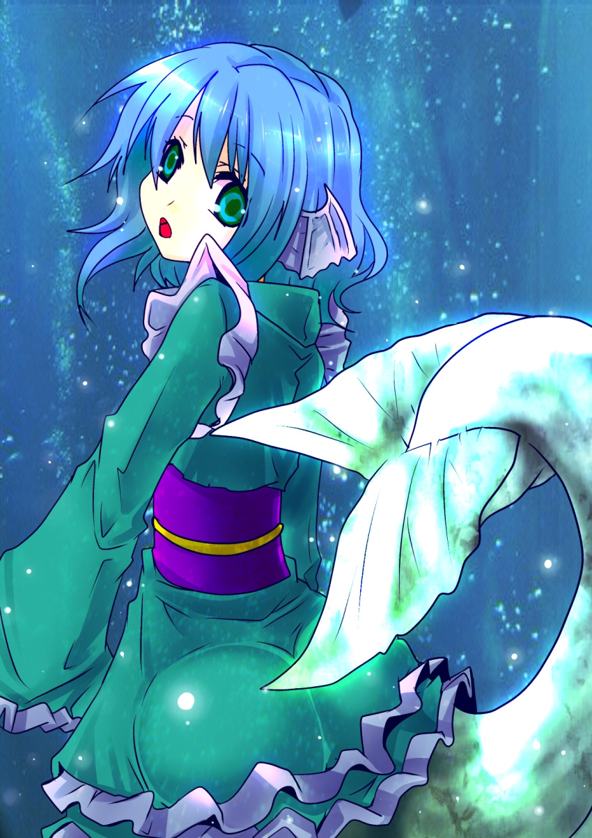 1girl ass blue_hair curly_hair fish_ears green_eyes highres looking_back mermaid monster_girl naonakamura open_mouth solo touhou underwater wakasagihime