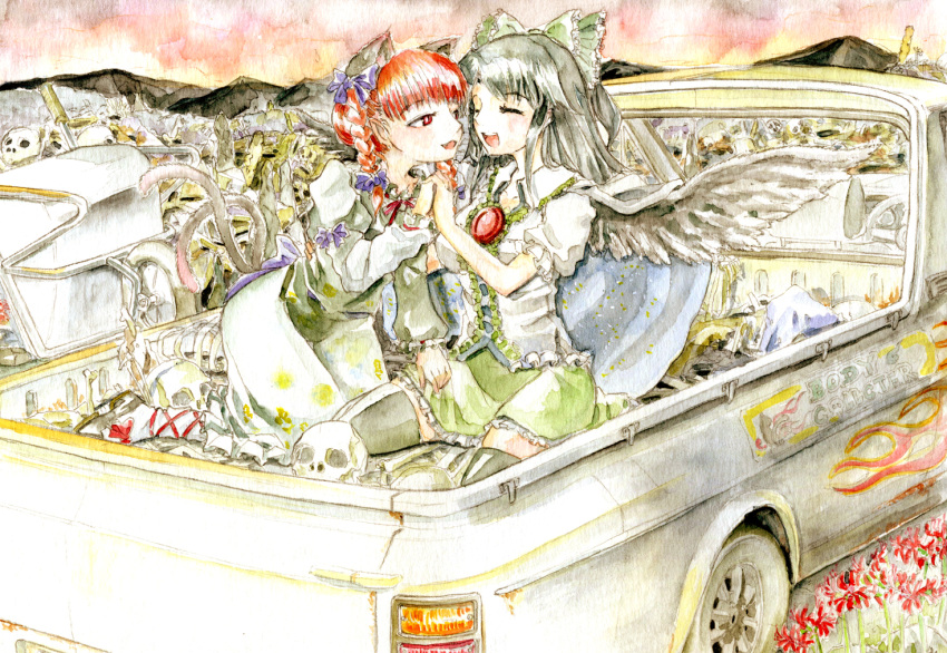 animal_ears ankle_lace-up black_hair black_wings bow braid cape car cat_ears cat_tail closed_eyes cross-laced_footwear engrish eyes_closed faux_traditional_media frills hair_bow hair_ribbon hand_holding highres holding_hands kaenbyou_rin kneeling long_hair master_(4th) mixed_media motor_vehicle mountain multiple_girls multiple_tails open_mouth pointy_ears ranguage red_hair redhead reiuji_utsuho ribbon skull smile tail thigh-highs thighhighs touhou twin_braids vehicle wheelbarrow wings