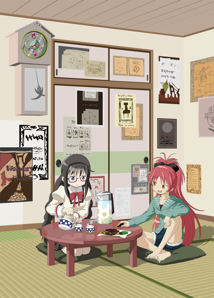 akemi_homura barefoot black_hair braid brown_eyes clock cookie cup cushion food glasses highres indoors knives_(artist) kyubey long_hair mahou_shoujo_madoka_magica multiple_girls ponytail pouring pouring_tea purple_eyes red-framed_glasses red_hair redhead sakura_kyouko school_uniform seiza sitting sliding_doors table tea teacup teapot twin_braids violet_eyes walpurgisnacht_(madoka_magica)