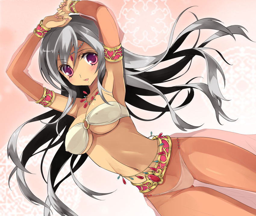 1girl armband armpits bandeau belly_chain bracelet breasts cleavage copyright_request dancer dark_skin erect_nipples grey_hair harem_outfit harem_pants highres jewelry long_hair midriff nail_polish navel necklace o-ring_top purple_eyes see-through solo under_boob underboob yukiwo