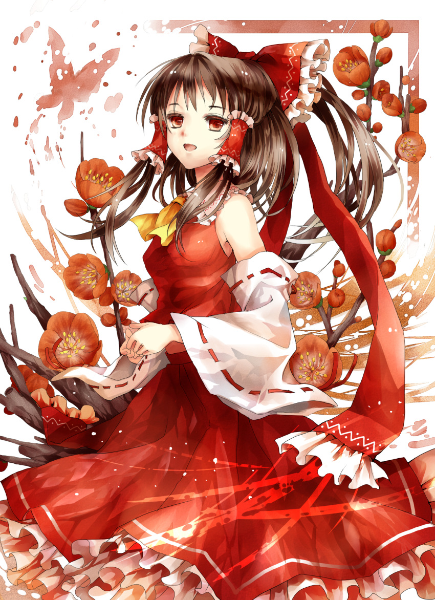 ascot bare_shoulders bow brown_hair butterfly detached_sleeves flower hair_bow hair_tubes hakurei_reimu hands_together highres looking_at_viewer meutan131 miko petticoat ponytail red_eyes skirt solo touhou