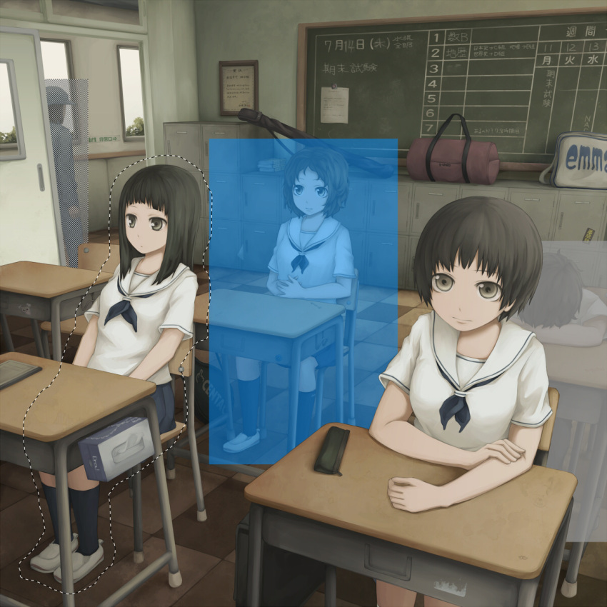 chalkboard desk dotted_outline highres multiple_girls original school_uniform sitting tissue yajirushi_(chanoma)