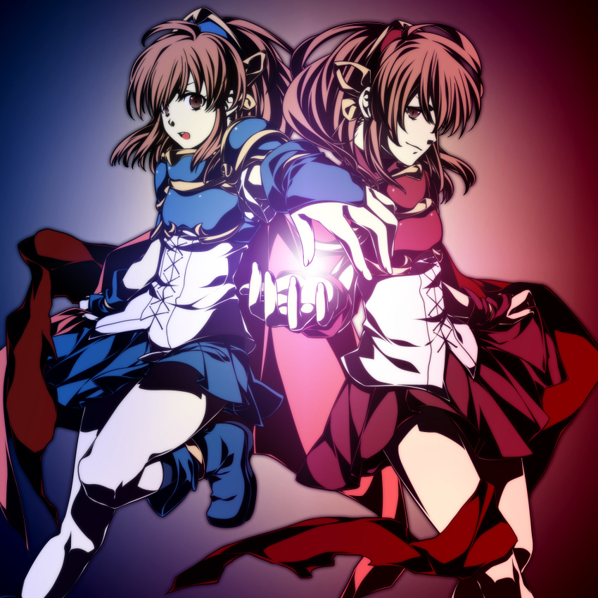 2girls arle_nadja armor armored_dress blue_background brown_eyes brown_hair cape doppelganger_arle half_updo highres magic mikapoe multiple_girls pantyhose pink_background puyopuyo shoes short_hair skirt standing_on_one_leg symmetry white_legwear