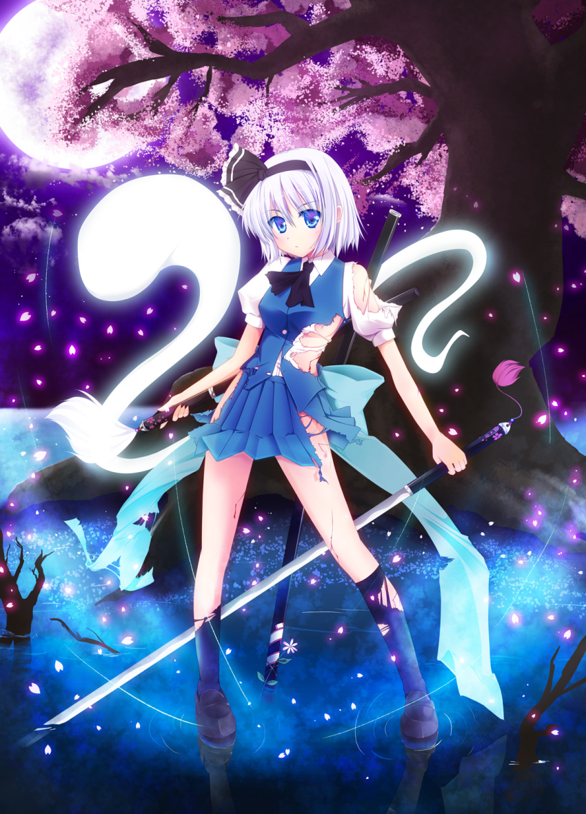 ascot black_legwear blood blue_eyes bow dress_shirt fule full_moon ghost hair_bow hairband highres hitodama katana konpaku_youmu konpaku_youmu_(ghost) loafers moon petals scabbard sheath sheathed shirt shoes silver_hair skirt socks solo sword torn_clothes touhou tree vest weapon white_hair