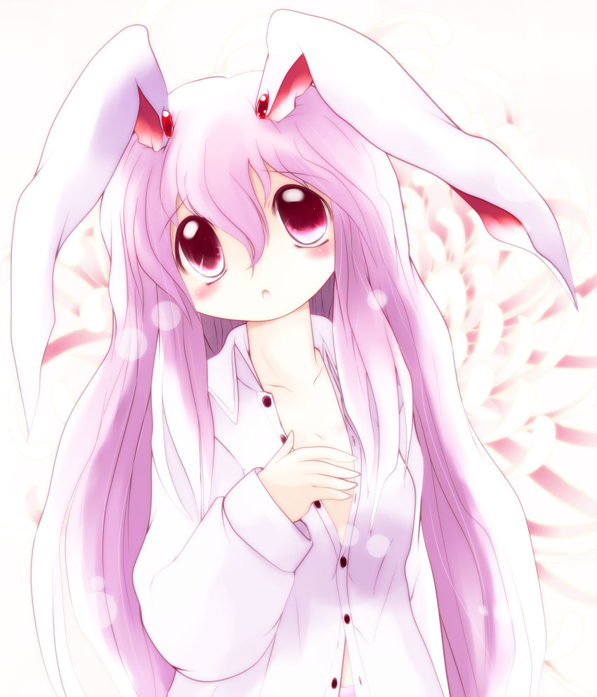 :o animal_ears breasts bunny_ears bust cleavage dress_shirt highres long_hair open_clothes open_mouth open_shirt pink_hair purple_hair red_eyes reisen_udongein_inaba reisen_udongien_ibana shirt solo touhou very_long_hair yume_shokunin