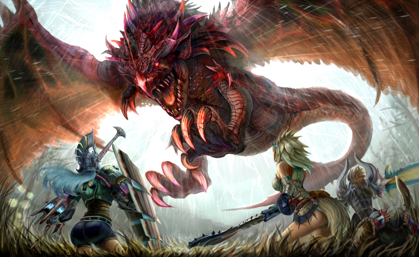 absurdres armor artist_request barioth_(armor) capcom character_request claws diablos_(armor) dragon helmet highres horns knight monster_hunter monster_hunter_portable_3rd rathalos shield solo sword tail talons thyr warrior weapon wings wyvern