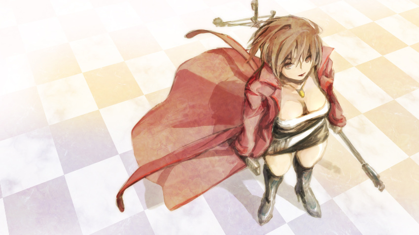boots brown_hair cleavage meiko necklace skirt vocaloid weapon