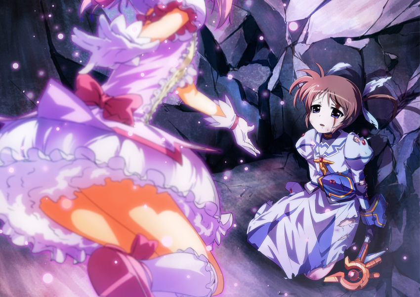 arm_holding blood blood_on_face blue_eyes blurry bow brown_hair bun150 crack crossover depth_of_field dress flying gloves hair_ribbon highres holding_arm kaname_madoka kneehighs kneeling lyrical_nanoha magical_girl mahou_shoujo_lyrical_nanoha mahou_shoujo_lyrical_nanoha_the_movie_1st mahou_shoujo_madoka_magica multiple_girls open_mouth outstretched_hand pink_dress pink_hair reaching ribbon short_twintails sitting staff takamachi_nanoha torn_clothes twintails upskirt white_gloves wound
