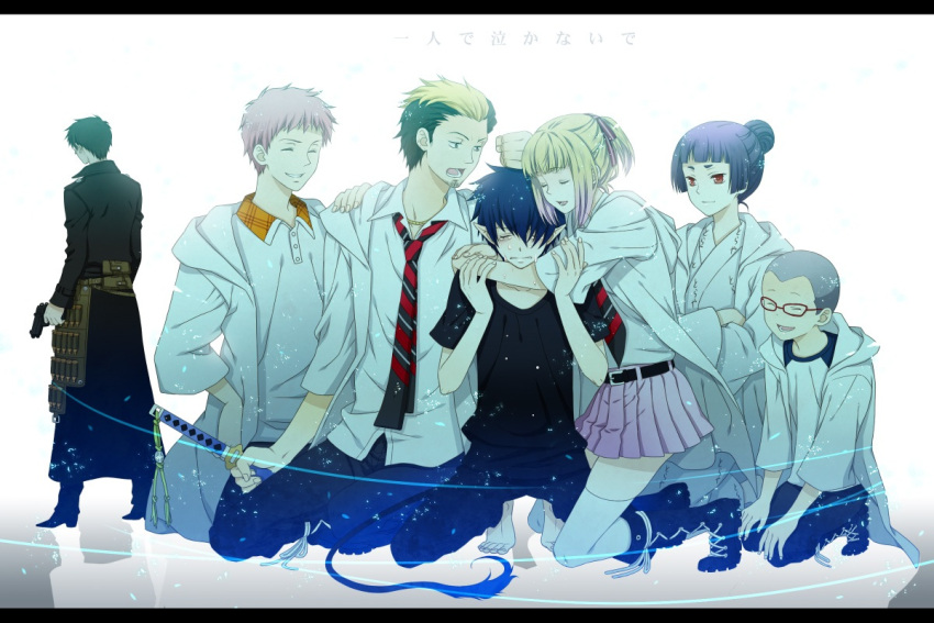 bad_id barefoot black_hair blonde_hair blue_hair boots closed_eyes eyebrows eyes_closed glasses gun hime_cut hug japanese_clothes kamiki_izumo kimono letterboxed miwa_konekomaru moriyama_shiemi multicolored_hair necktie okumura_rin okumura_yukio pink_hair pointy_ears ponytail purple_hair red_eyes school_uniform shima_renzou short_eyebrows striped striped_necktie suguro_ryuuji sword tail tears weapon yuuno_(yukioka)