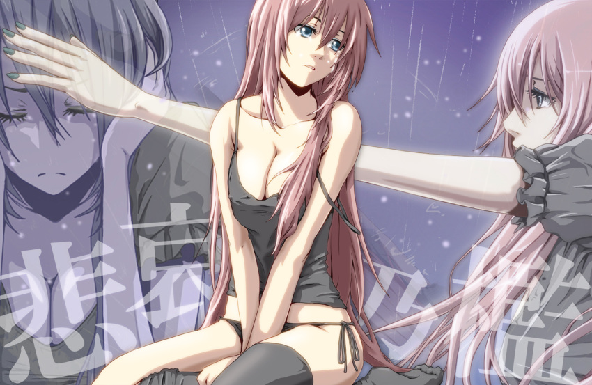 black_legwear blue_eyes breasts camisole cleavage closed_eyes collarbone eyes_closed holding_head long_hair megurine_luka nail_polish no10 outstretched_arm panties side-tie_panties single_thighhigh sitting strap_slip tank_top tears thighhighs underwear underwear_only very_long_hair vocaloid