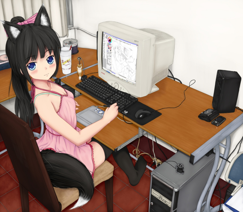 1girl adobe_photoshop bare_shoulders black_hair blue_eyes blush bow bra_strap breasts chair cleavage computer computer_keyboard computer_mouse dog_ears drawing dress drink extra_ears fox_ears fox_tail highres long_hair looking_back monitor original painttool_sai phone ponytail recursion ribbon ribbons sitting solo stylus tablet tail tenyoshi_(briansept) thighhighs wacom zettai_ryouiki