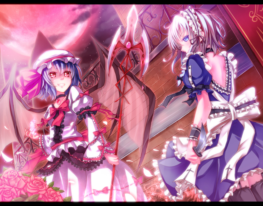 adapted_costume bad_id bat_wings black_legwear blue_eyes blue_hair bow dabadhi earrings flower frills garter_straps grin hat highres izayoi_sakuya jewelry knife lace letterboxed magic maid_headdress moon multiple_girls petals polearm red_eyes red_moon remilia_scarlet rose short_hair silver_hair smile spear spear_the_gungnir star_(sky) thigh-highs thighhighs throwing_knife touhou weapon wings wrist_cuffs zettai_ryouiki
