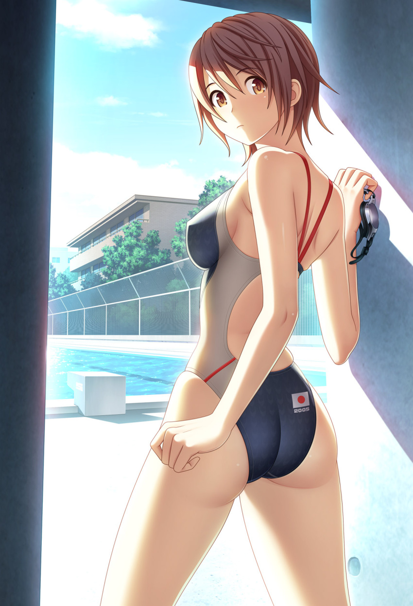 ass brown_eyes brown_hair competition_swimsuit flag goggles highleg highleg_swimsuit highres japan kuri_(kurigohan) looking_back one-piece_swimsuit original pool short_hair swimsuit