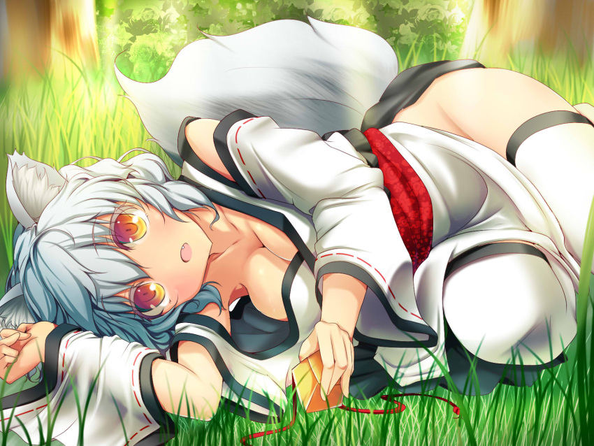 1girl :o animal_ears bare_shoulders blush breasts cleavage detached_sleeves fang fukunaga_kazuhiro grass hat hat_removed headwear_removed highres inubashiri_momiji large_breasts looking_at_viewer lying no_pants on_side open_mouth red_eyes short_hair silver_hair solo tail thigh-highs tokin_hat touhou white_hair white_legwear wide_sleeves wolf_ears wolf_tail