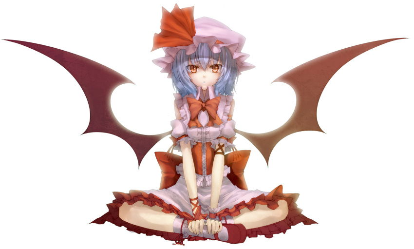 1girl bare_shoulders bat_wings blue_hair hat indian_style mary_janes red_eyes remilia_scarlet shoes short_hair simple_background sitting slit_pupils solo touhou wings wrist_cuffs wrist_ribbon