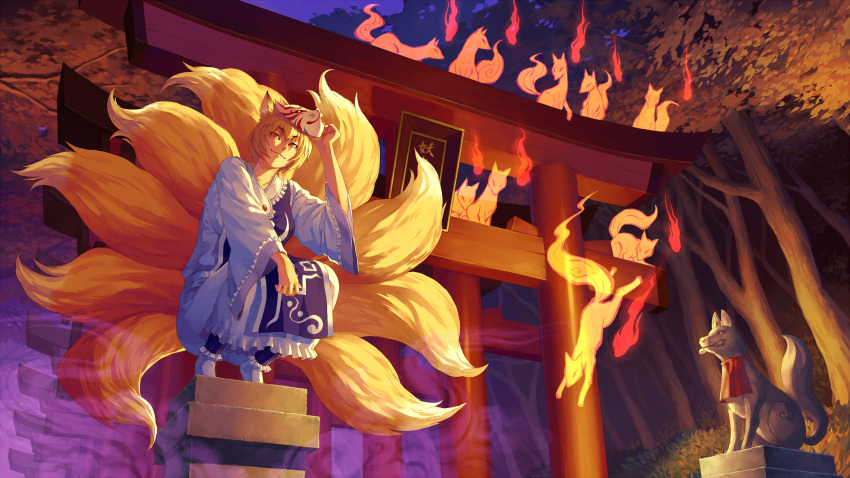 animal_ears blonde_hair chinese_clothes fire fox_ears fox_mask fox_tail frills highres hitodama inari light_smile mask multiple_tails multiple_torii night no_hat no_headwear o'm o'm om_(carbohydratism) short_hair solo spirit squatting statue tail torii touhou tree yakumo_ran