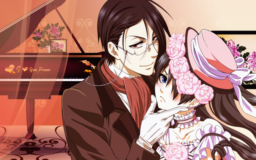 ciel_phantomhive dress flower glasses hat kuroshitsuji piano roses sebastian_michaelis trap