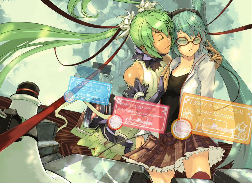 aqua_hair bigegg bridal_gauntlets cable closed_eyes dual_persona elbow_gloves glasses gloves green_hair hatsune_miku hatsune_miku_(append) kocchi_muite_baby_(vocaloid) long_hair multiple_girls project_diva project_diva_2nd skirt twintails very_long_hair vocaloid vocaloid_append