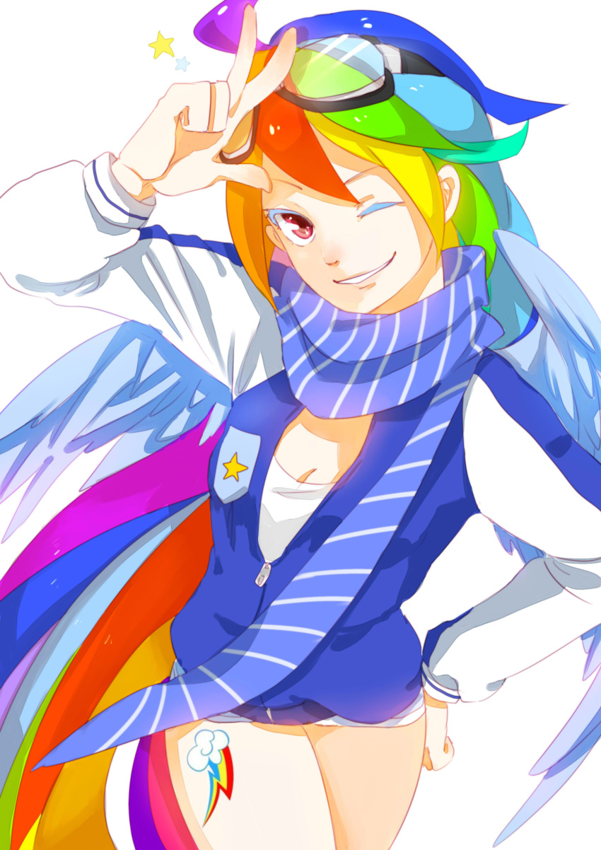 1girl absurdres goggles goggles_on_head highres horse_tail jacket kumo_ni_notte my_little_pony my_little_pony_friendship_is_magic personification rainbow_dash short_shorts shorts tail wings