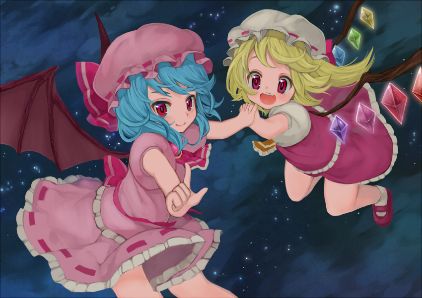 :d ascot bat_wings blonde_hair blue_hair bow child cloud flandre_scarlet flying hand_holding hat hat_bow holding_hands mamepon multiple_girls night night_sky open_mouth pointing red_eyes remilia_scarlet short_hair short_sleeves siblings side_ponytail sisters skirt skirt_set sky smile star_(sky) starry_sky touhou wings