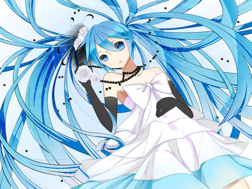 bare_shoulders blue_eyes blue_hair dress elbow_gloves flower gloves hatsune_miku highres jewelry kyuri_(405966795) long_hair necklace rose solo strapless_dress twintails very_long_hair vocaloid