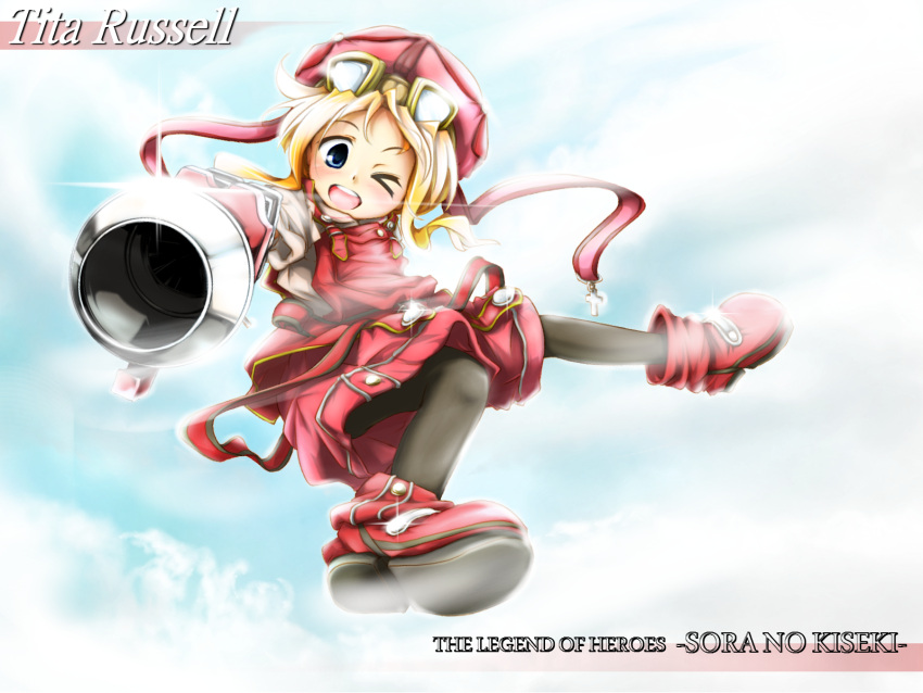 blonde_hair blue_eyes blue_sky character_name eiyuu_densetsu falcom goggles goggles_on_head hat highres open_mouth pr0vidence red_star_(toranecomet) shirt shorts sky smile solo sora_no_kiseki tita_russell title_drop weapon wink