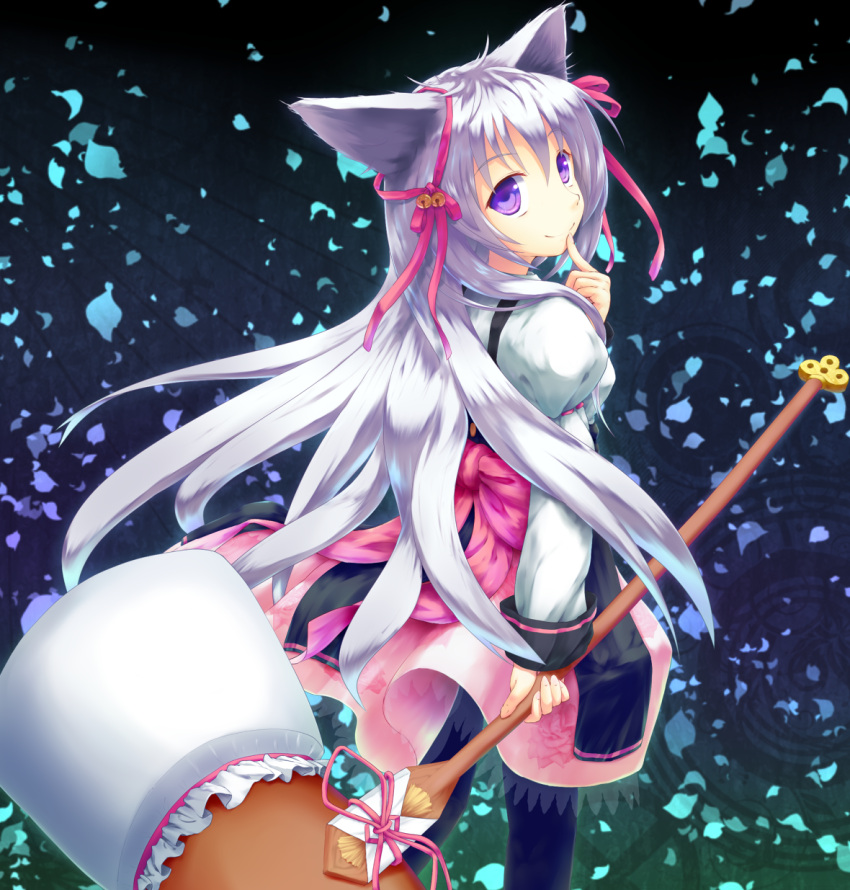 alternate_color animal_ears bow dress finger_to_mouth hair_ribbon hammer highres long_hair looking_back m.u.g.e.n mito_mashiro mugen_(game) muneyuki pantyhose ribbon smile solo standing tayutama weapon white_hair