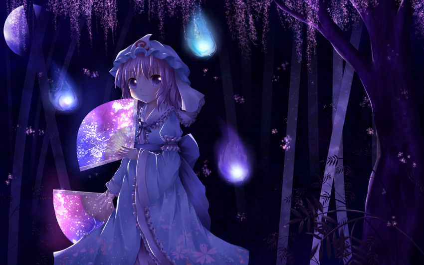 blue_eyes dark fan folding_fan fromage_tart furomaaju_(fromage) hat hitodama moon night pink_hair purple_eyes saigyouji_yuyuko smile solo touhou triangular_headpiece wallpaper