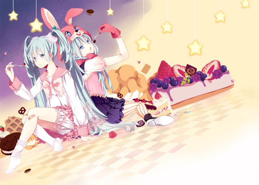 arm_up bandaid bloomers blue_eyes blue_hair blueberry bow bunny_hood cake cookie dress dual_persona food footwear fork frills fruit gloves hatsuko hatsune_miku long_hair lots_of_laugh_(vocaloid) multiple_girls no_shoes open_mouth pantyhose pink_dress sailor_collar scrunchie shirt sitting skirt socks star strawberry striped striped_legwear sweets tile_floor tiles twintails vertical-striped_legwear vertical_stripes very_long_hair vocaloid