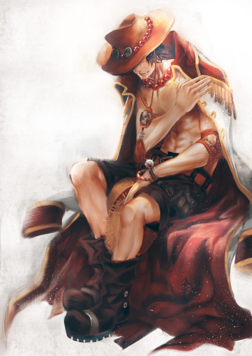 black_hair boots bracelet freckles hat hidden_eyes highres hora_(no5567) horns jewelry long_coat male necklace one_piece portgas_d_ace sad_face short_hair simple_background sitting smile smiley_face solo straw_hat tears wristband