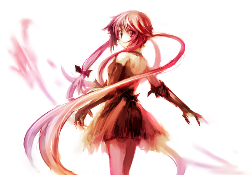 bangs bow dress elbow_gloves faux_traditional_media gasai_yuno gloves hair_bow light_smile long_hair looking_back mirai_nikki pink_hair red_eyes simple_background solo speed_painting twintails
