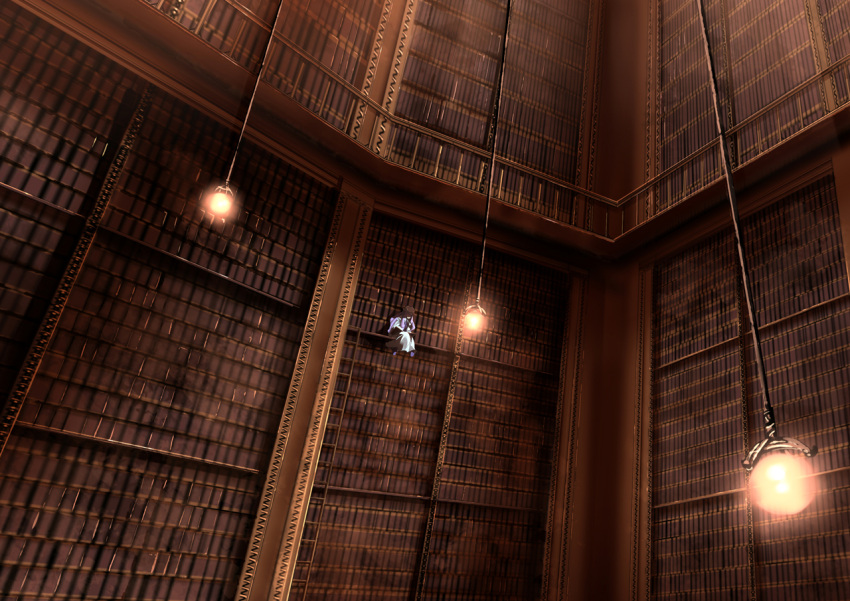 book dress hat hsuante ladder lamp library long_hair patchouli_knowledge picture_otaku_only_knows purple_hair railing reading scenery solo touhou voile