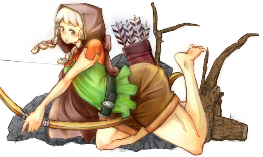 arrow ass barefoot belt big_ass bow_(weapon) braid brown_eyes cloak dragon's_crown elf elf_(dragon's_crown) feet foot hood huge_ass pointy_ears quiver shorts solo thick_thighs thighs twin_braids weapon white_hair