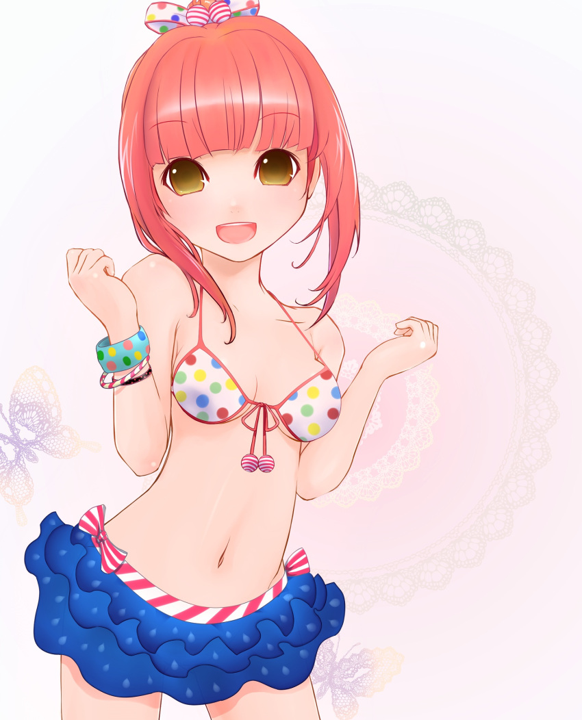 :d artist_request bikini bow bracelet breasts highres jewelry lucia midriff navel open_mouth pangya polka_dot red_hair smile solo source_request swimsuit yellow_eyes yummy_yoi