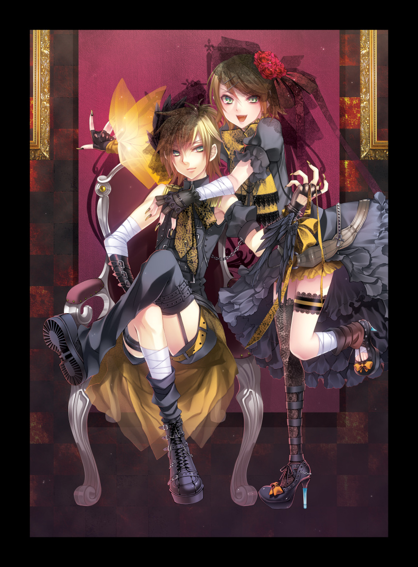 androgynous asymmetrical_clothes asymmetrical_clothing bandage bandages blonde_hair blue_eyes boots chain chains chair crossed_legs fingerless_gloves fingernails flower garter_straps gloves green_eyes hair_flower hair_ornament hairclip high_heels highres kagamine_len kagamine_rin lace_legwear leg_garter leg_up legs_crossed lips migiwa_hasu nail_polish necktie open_mouth shoes short_hair siblings single_thighhigh sitting skirt standing_on_one_leg thighhighs twins veil vocaloid windowbox windowboxed