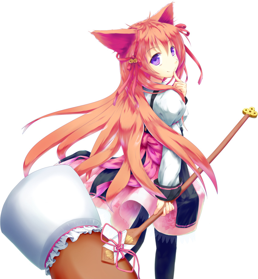 bow dress finger_to_mouth hair_ribbon hammer highres long_hair looking_back m.u.g.e.n mito_mashiro mugen_(game) muneyuki orange_hair pantyhose ribbon simple_background smile solo standing tayutama transparent_background weapon