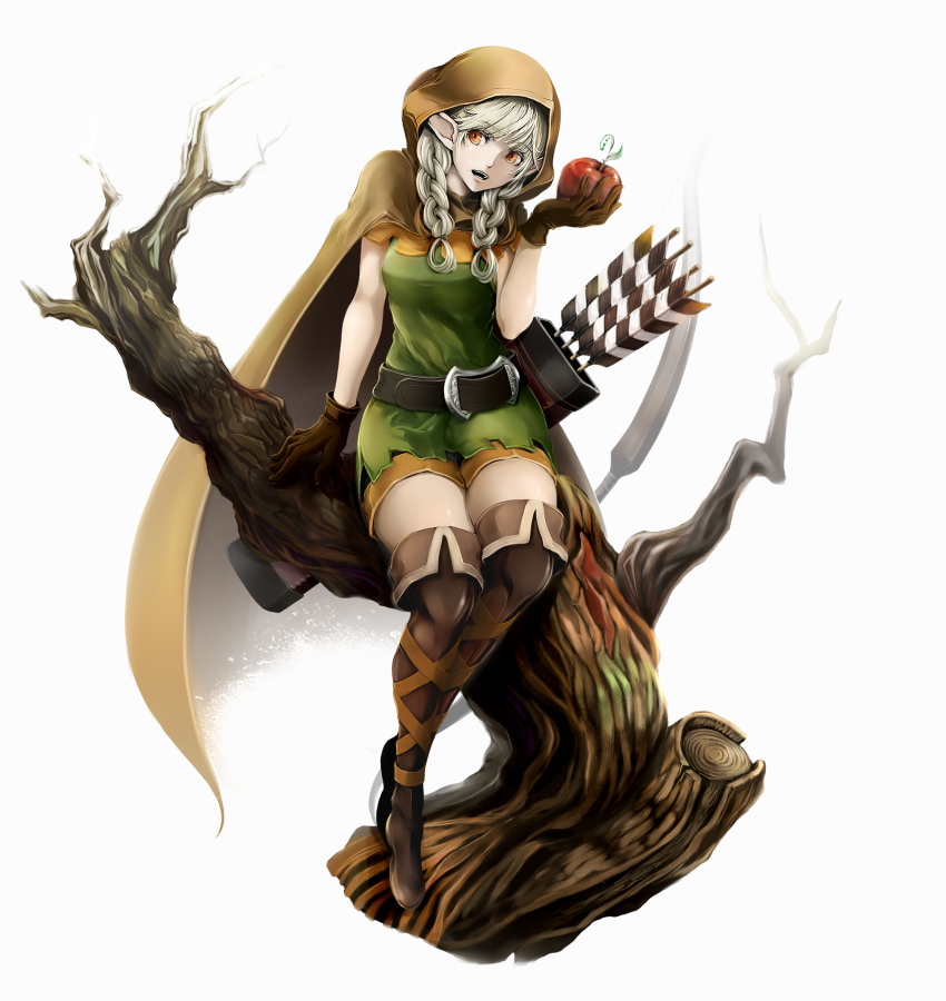 arrow bare_tree belt boots bow_(weapon) braid cloak dragon's_crown dragon's_crown elf elf_(dragon's_crown) elf_(dragon's_crown) food fruit gloves highres open_mouth orange_eyes pointy_ears quiver shorts simple_background sitting solo ten_(k1208) thigh-highs thigh_boots thighhighs tree twin_braids weapon white_hair