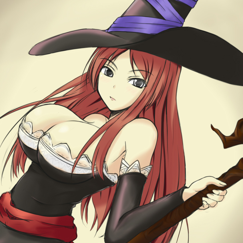 artist_request black_eyes breasts cleavage detached_sleeves dragon's_crown dragon's_crown dress hat highres huge_breasts large_breasts long_hair red_hair redhead solo sorceress_(dragon's_crown) sorceress_(dragon's_crown) staff strapless_dress vanillaware weapon witch_hat