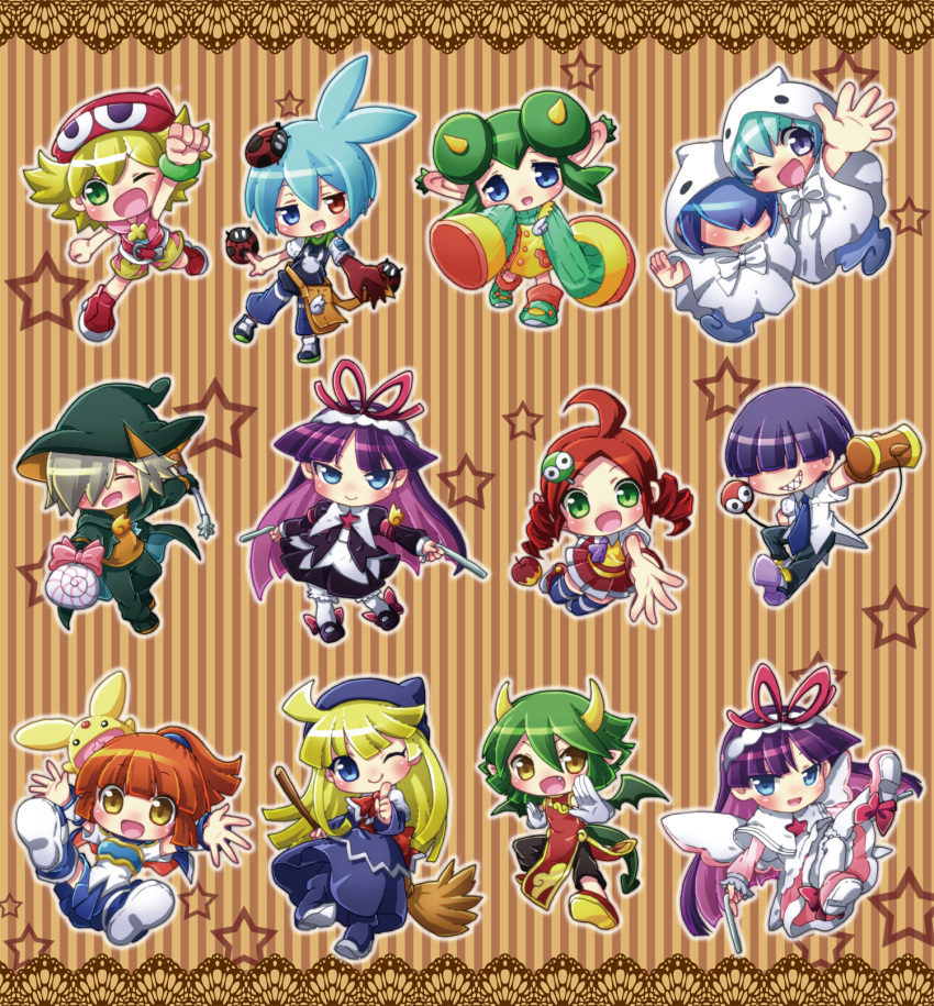 4boys 6+girls ;d ahoge amitie andou_ringo aqua_hair arle_nadja arm_up armor armored_dress bag blonde_hair bloomers blue_eyes blush bow bracelet broom brown_background brown_hair candy cape capelet capri_pants carbuncle_(puyopuyo) chibi china_dress chinese_clothes clenched_hand draco_centauros dragon_tail dragon_wings dress drill_hair dual_persona fang feli fighting_stance ghost gloves gothic_lolita green_eyes green_hair grey_hair hair_ornament hair_over_one_eye hairband hairclip happy hat heterochromia highres hood horns jewelry kendama ladybug lemres lolita_fashion lollipop long_hair mary_janes multiple_boys multiple_girls necktie no_nose object_namesake open_mouth outstretched_arms outstretched_hand pants pantyhose pointing pointy_ears purple_hair puyopuyo red_eyes redhead rei-kun ribbon rider_(puyopuyo) ruku_(ruku_5050) sasaki_maguro sharp_teeth shawl shirt shoes short_hair shorts sig sleeves_past_wrists smile spread_arms staff star striped striped_background tail thighhighs twin_drills twintails underwear white_feli white_legwear wings wink witch_(puyopuyo) wrist_cuffs yellow_eyes yu-chan
