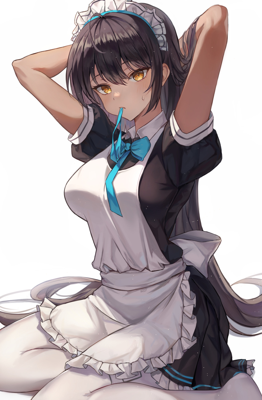 1girl absurdres apron arms_up black_hair blue_archive blush breasts closed_mouth dark_skin eyebrows_visible_through_hair highres huge_filesize karin_(blue_archive) kneeling large_breasts long_hair looking_at_viewer maid maid_apron maid_headdress mouth_hold mrr_05 pantyhose ribbon ribbon_in_mouth short_sleeves simple_background solo sweatdrop white_background white_legwear yellow_eyes