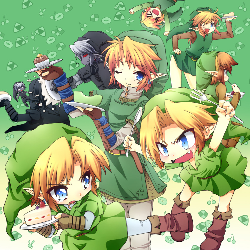 &gt;_&lt; ? \o/ a_link_to_the_past adventure_of_link arms_up belt black_hair blonde_hair blue_eyes blueberry blush_stickers boots brown_hair buckle cake checkerboard_cookie cherry chibi child cookie dark_link dark_persona doughnut earrings fangs fingerless_gloves food fork four_swords fruit gloves grey_hair grey_skin hand_on_hip hat highres hips in_the_face innocent_key jewelry link majora's_mask majora's_mask mashiron melon multiple_persona navi nintendo ocarina_of_time open_mouth outstretched_arms parody pie_in_face plate pointy_ears pointy_hair popped_collar red_eyes smile spoon strawberry tears the_adventure_of_link the_legend_of_zelda toon_link touhou triforce tunic twilight_princess upside-down wind_waker wink wrist_cuffs