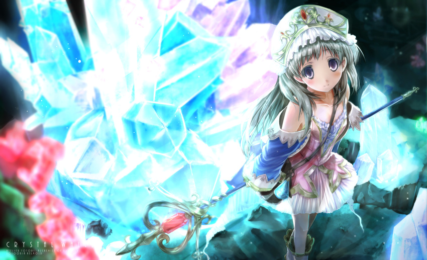 atelier atelier_totori bag blue_eyes blush boots brown_hair collarbone crystal detached_sleeves dress flask flat_chest hat long_hair looking_at_viewer purple_eyes scarlet_(studioscr) see-through silver_hair solo staff standing totooria_helmold