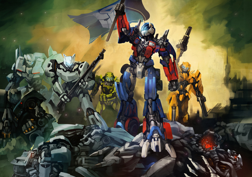 blackout bumblebee fine_art_parody flag ironhide jazz jazz_(autobot) liberty_leading_the_people mecha megatron optimus_prime parody pump_(artist) ratchet sideswipe soundwave transformers weapon