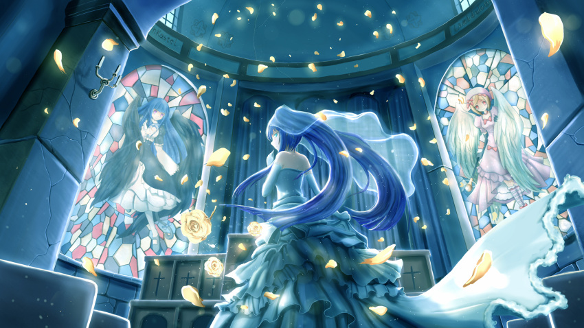 aqua_eyes back bare_shoulders bernkastel blue_eyes blue_hair bridal_veil church cross dress elbow_gloves floating_hair flower flowers frederica_bernkastel from_behind furudo_erika gloves gothic_lolita highres indoors lambdadelta lolita_fashion long_hair looking_at_viewer looking_back multiple_girls night payot petals rose see-through stained_glass stained_glasses twintails umineko_no_naku_koro_ni veil very_long_hair wallpaper wedding_dress widescreen wings zen_(weishanzhe)