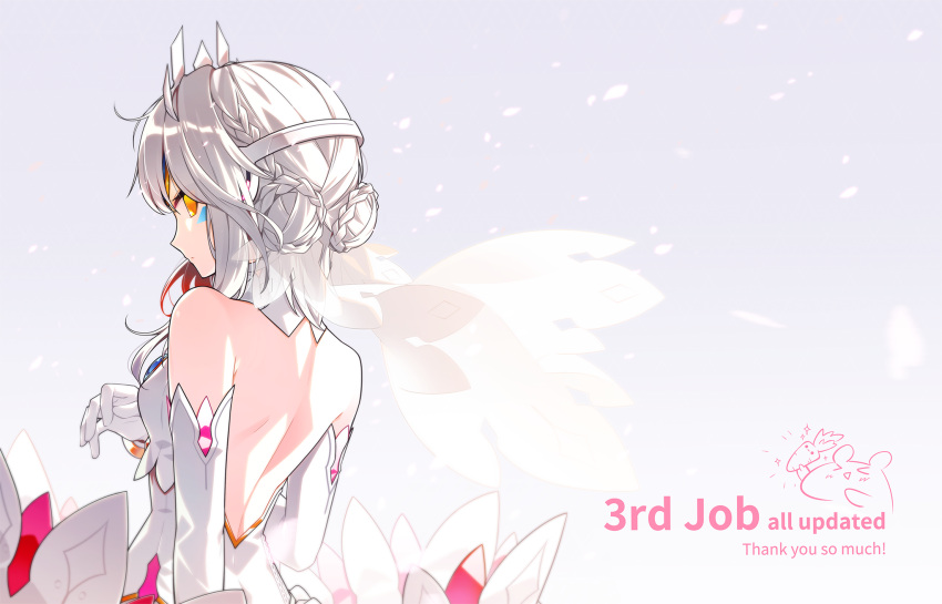 back backless_outfit braid double_bun dress elbow_gloves elsword eve_(elsword) expressionless facial_mark forehead_jewel gem gloves highres hwansang looking_back silver_hair simple_background text tiara yellow_eyes