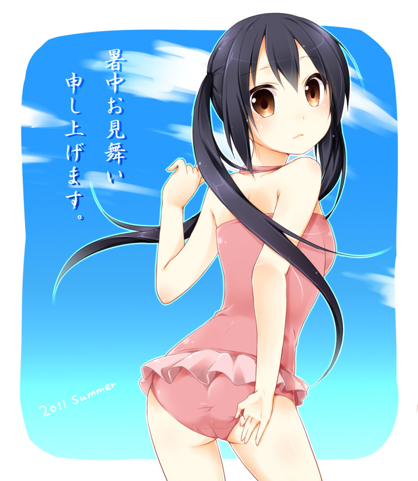 adjusting_swimsuit brown_eyes casual_one-piece_swimsuit hazuki_(sutasuta) highres k-on! long_hair looking_back nakano_azusa one-piece_swimsuit swimsuit twintails