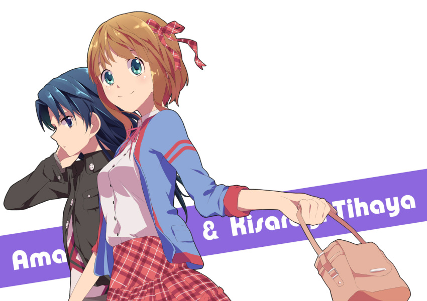 amami_haruka bag blue_hair brown_eyes brown_hair green_eyes hair_ribbon idolmaster jacket kisaragi_chihaya long_hair multiple_girls ponekusan ribbon short_hair skirt sleeves_rolled_up smile typo