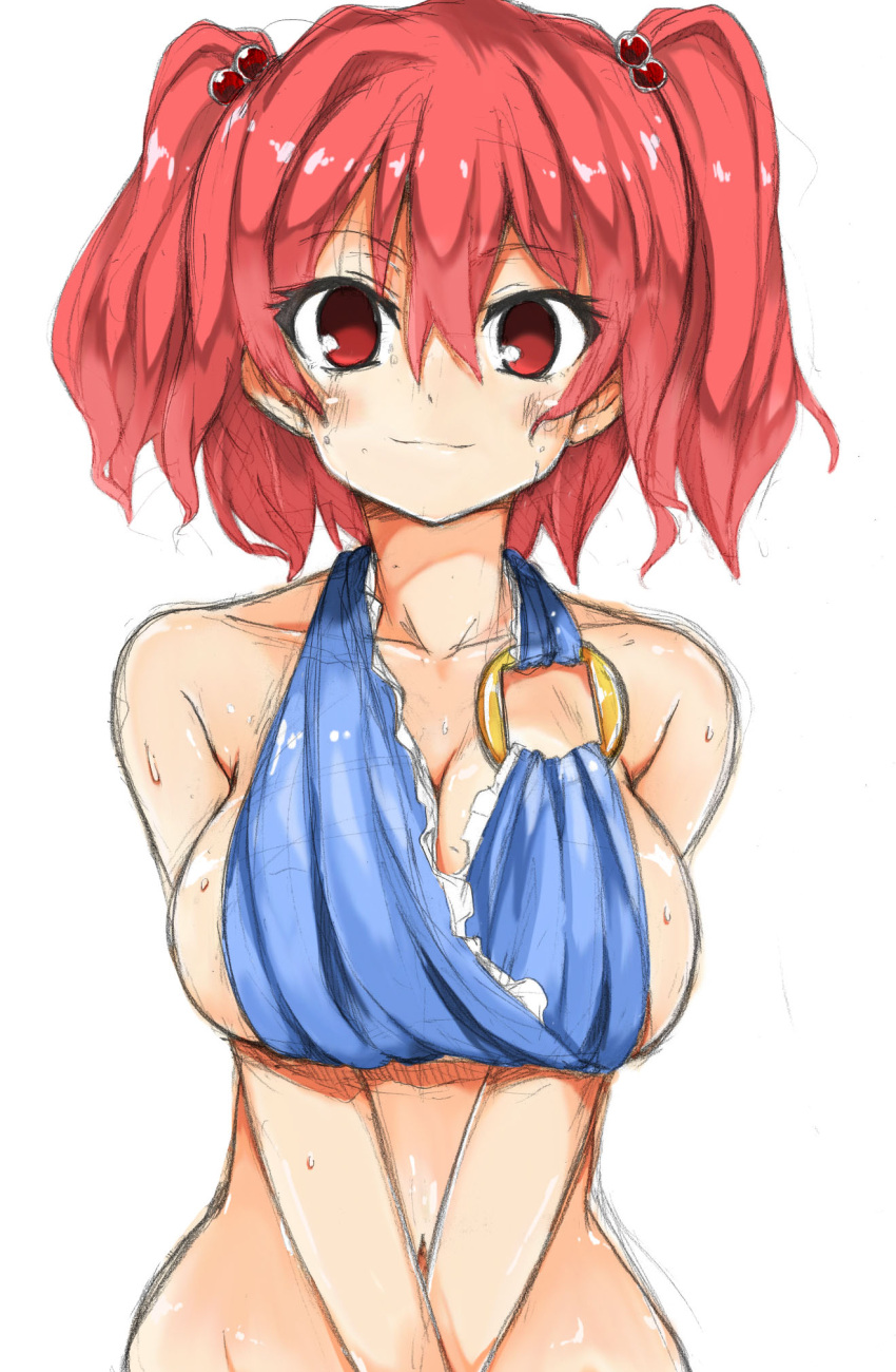 breasts bust hair_bobbles hair_ornament highres large_breasts morino_harifu onozuka_komachi red_eyes red_hair redhead short_hair sketch smile solo touhou twintails v_arms